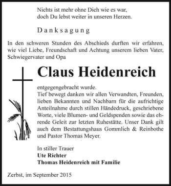 Traueranzeige von Claus Heidenreich  von Magdeburger Volksstimme