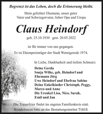 Traueranzeige von Claus Heindorf  von Magdeburger Volksstimme