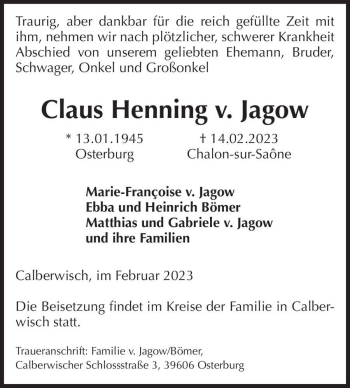 Traueranzeige von Claus Henning v. Jagow  von Magdeburger Volksstimme