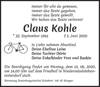 Traueranzeige von Claus Hermann Kohle  von Magdeburger Volksstimme