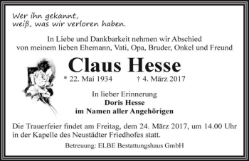 Traueranzeige von Claus Hesse  von Magdeburger Volksstimme
