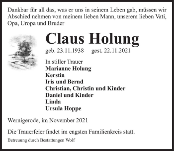 Traueranzeige von Claus Holung  von Magdeburger Volksstimme