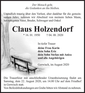 Traueranzeige von Claus Holzendorf  von Magdeburger Volksstimme