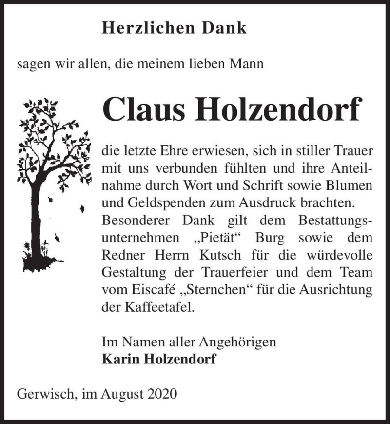  Traueranzeige für Claus Holzendorf  vom 29.08.2020 aus Magdeburger Volksstimme