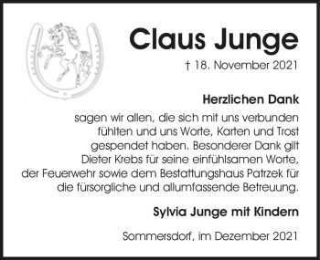 Traueranzeige von Claus Junge  von Magdeburger Volksstimme