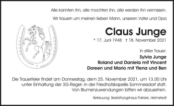 Traueranzeige von Claus Junge  von Magdeburger Volksstimme