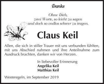 Traueranzeige von Claus Keil  von Magdeburger Volksstimme