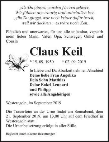 Traueranzeige von Claus Keil  von Magdeburger Volksstimme