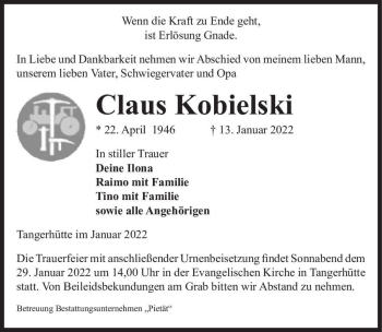 Traueranzeige von Claus Kobielski  von Magdeburger Volksstimme