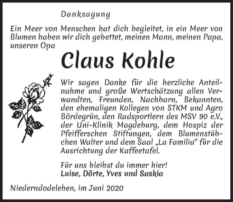  Traueranzeige für Claus Kohle  vom 20.06.2020 aus Magdeburger Volksstimme
