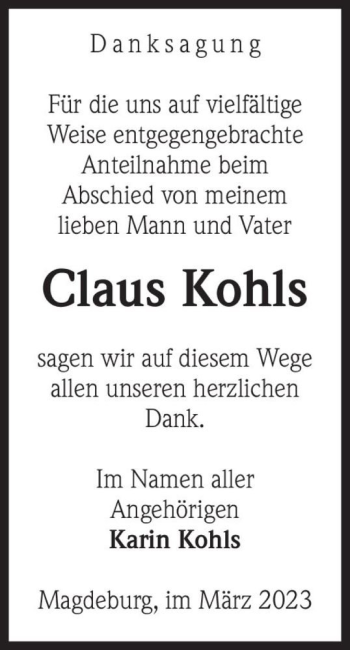 Traueranzeige von Claus Kohls  von Magdeburger Volksstimme
