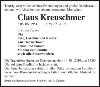 Traueranzeige von Claus Kreuschmer  von Magdeburger Volksstimme