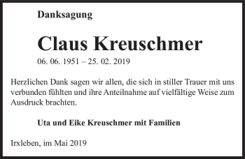 Traueranzeige von Claus Kreuschmer  von Magdeburger Volksstimme