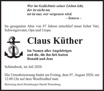 Traueranzeige von Claus Küther  von Magdeburger Volksstimme