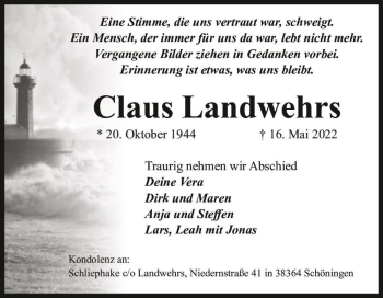 Traueranzeige von Claus Landwehrs  von Magdeburger Volksstimme