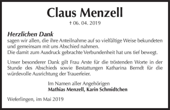 Traueranzeige von Claus Menzell  von Magdeburger Volksstimme