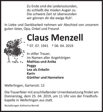 Traueranzeige von Claus Menzell  von Magdeburger Volksstimme