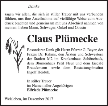 Traueranzeige von Claus Plümecke  von Magdeburger Volksstimme