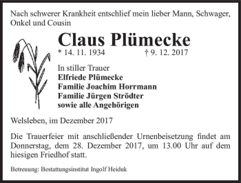 Traueranzeige von Claus Plümecke  von Magdeburger Volksstimme