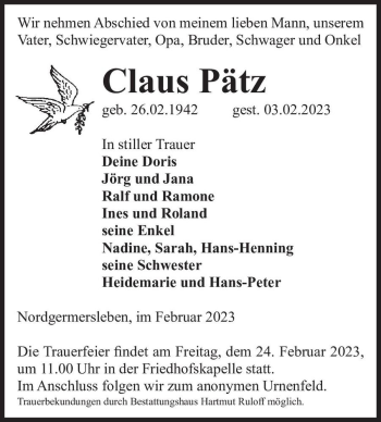 Traueranzeige von Claus Pätz  von Magdeburger Volksstimme