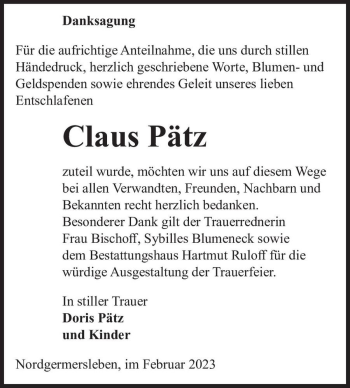 Traueranzeige von Claus Pätz  von Magdeburger Volksstimme