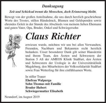 Traueranzeige von Claus Richter  von Magdeburger Volksstimme