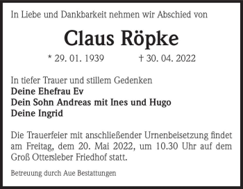 Traueranzeige von Claus Röpke  von Magdeburger Volksstimme