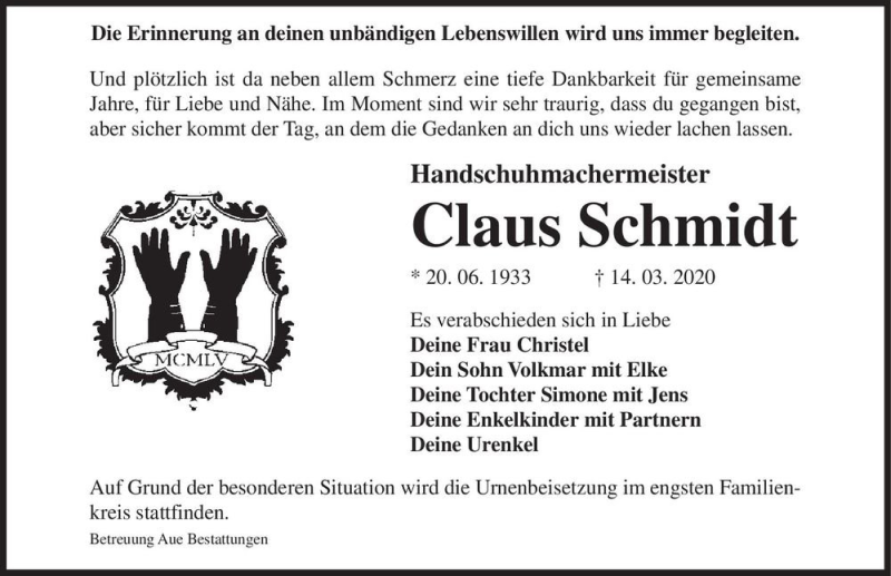  Traueranzeige für Claus Schmidt  vom 04.04.2020 aus Magdeburger Volksstimme