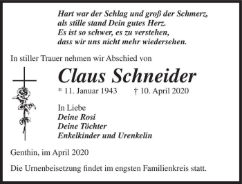 Traueranzeige von Claus Schneider  von Magdeburger Volksstimme