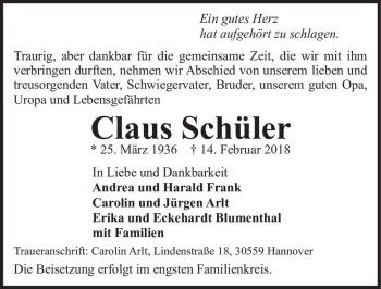 Traueranzeige von Claus Schüler  von Magdeburger Volksstimme