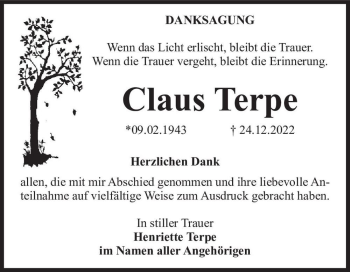 Traueranzeige von Claus Terpe  von Magdeburger Volksstimme