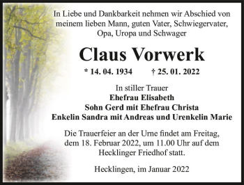Traueranzeige von Claus Vorwerk  von Magdeburger Volksstimme