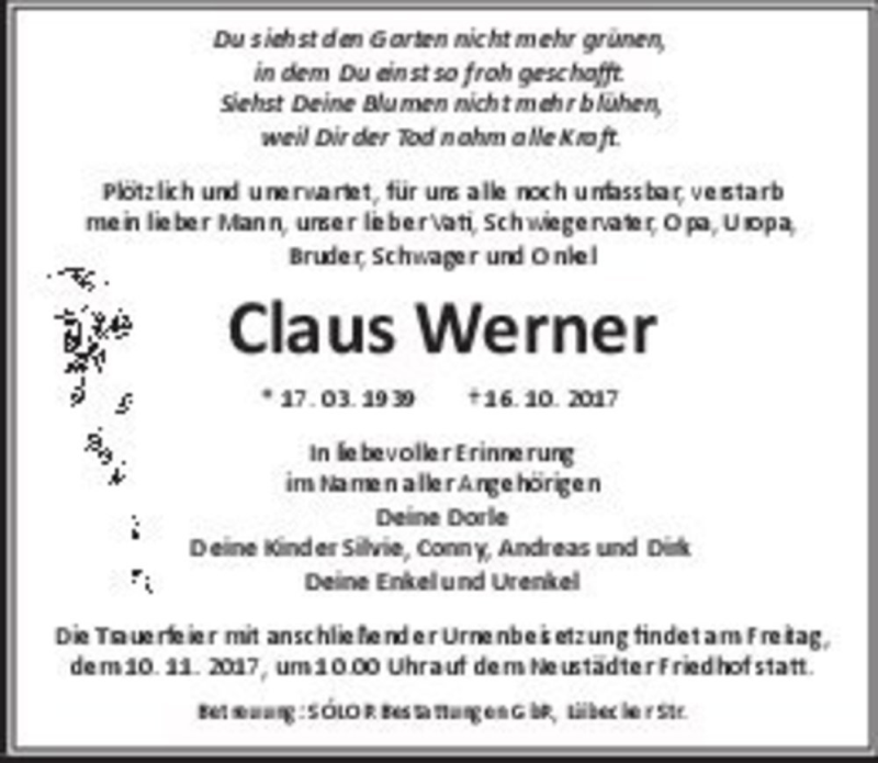  Traueranzeige für Claus Werner  vom 04.11.2017 aus Magdeburger Volksstimme