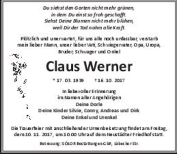 Traueranzeige von Claus Werner  von Magdeburger Volksstimme