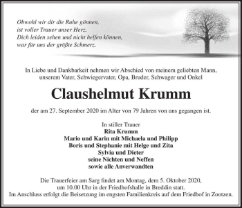 Traueranzeige von Claushelmut Krumm  von Magdeburger Volksstimme