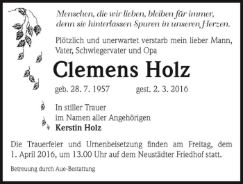 Traueranzeige von Clemens Holz  von Magdeburger Volksstimme