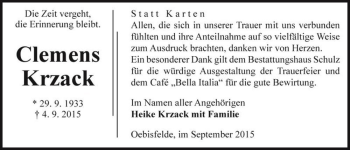 Traueranzeige von Clemens Krzack  von Magdeburger Volksstimme