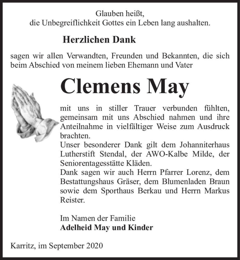  Traueranzeige für Clemens May  vom 25.09.2020 aus Magdeburger Volksstimme