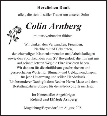 Traueranzeige von Colin Arnberg  von Magdeburger Volksstimme