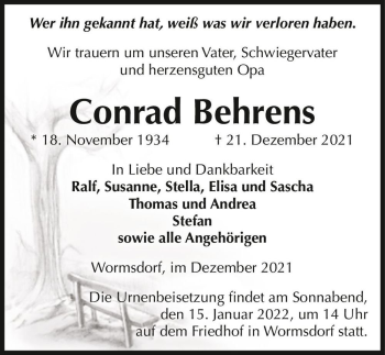 Traueranzeige von Conrad Behrens  von Magdeburger Volksstimme