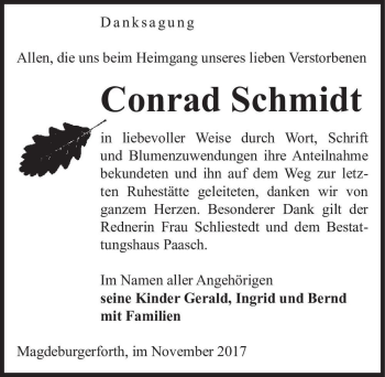 Traueranzeige von Conrad Schmidt  von Magdeburger Volksstimme