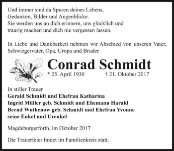 Traueranzeige von Conrad Schmidt  von Magdeburger Volksstimme