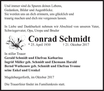 Traueranzeige von Conrad Schmidt  von Magdeburger Volksstimme