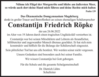 Traueranzeige von Constantijn Friedrich Röpke  von Magdeburger Volksstimme