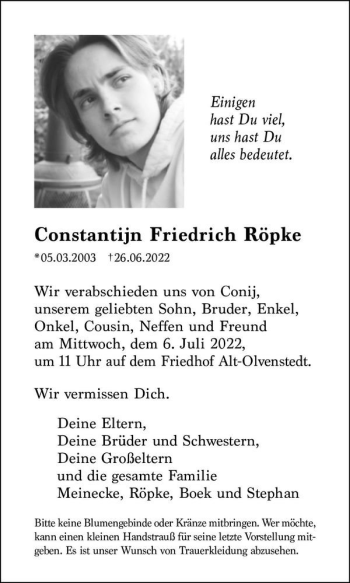 Traueranzeige von Constantijn Friedrich Röpke  von Magdeburger Volksstimme