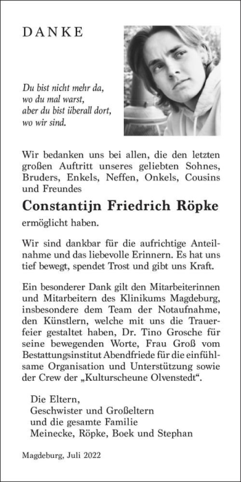 Traueranzeige von Constantijn Friedrich Röpke  von Magdeburger Volksstimme