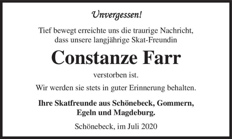  Traueranzeige für Constanze Farr  vom 11.07.2020 aus Magdeburger Volksstimme