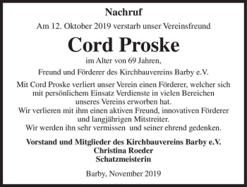 Traueranzeige von Cord Proske  von Magdeburger Volksstimme