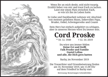 Traueranzeige von Cord Proske  von Magdeburger Volksstimme