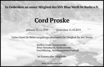 Traueranzeige von Cord Proske  von Magdeburger Volksstimme